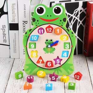 カエルの時計パズル 木製 時計のおもちゃ 木製パズル 知育玩具 ブロック 型はめ 図形認識 ベビー キッズ ギフト プレゼント