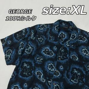 size:XL【GEORGE】100%シルク ハイビスカス 花 アロハシャツ オープンカラー ボックス ビッグサイズ 紺 ネイビー