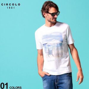 新品タグ付 イタリア CIRCOLO 1901 ホワイト系 サーフ ビーチパラソル プリント 半袖 ジャージー クルーネック Tシャツ XL ウォッシュド