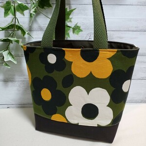 ミニトートバッグ『カーキグリーンに大きな花柄×黒デニム』