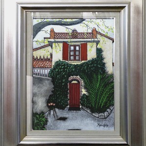 有名国際展入選作家「プロヴァンスの赤い扉の家」 F4 ,風景画,フランス,小原雅夫(oil,landscape,油絵,佐伯祐三,アクリル,元町画廊,サロン