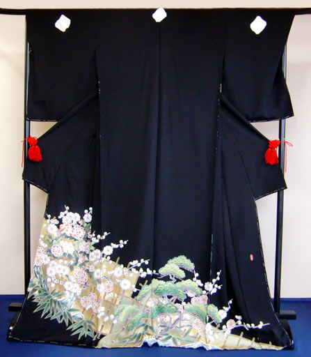 [Neu] [Handbemaltes Yuzen] Schwarze Tomesode, Bambus- und Pflaumenblüten auf dem Bambuszaun, Kimono aus reiner Seide, Empfohlen für Mütter! Formale Hochzeit, ungebraucht, luxuriös, elegant, ungeschnitten, Mode, Damen-Kimono, Kimono, Tomesode