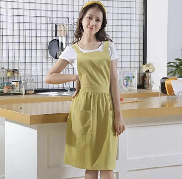 2点セット ゆる エプロンリネン 女性用 レディース キッチン 2つのポケット(Adult apron1-lemon yellow（エプロン+スリーブ）)