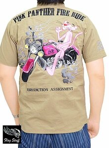 ピンクパンサー×フラッグスタッフ半袖ワークシャツ◆Flagstaff ベージュMサイズ 422075 フラグスタッフ 刺繍 バイカー