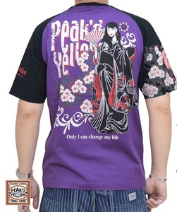 花姉御半袖Tシャツ◆Peak'd Yellow パープル×ブラックXXLサイズ PYT-224 ピークドイエロー 和柄 和風 着物 エフ商会 efu