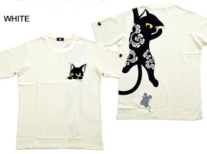 ぶら下がりラミ＆ジャンピングアール半袖Tシャツ◆LIN ホワイトＭサイズ ALT-75015 黒猫 ねこ ネコ 鼠 ネズミ