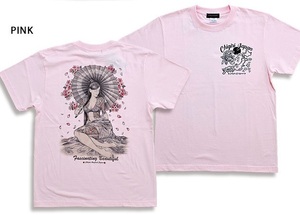 手描き風番傘花魁インクジェット半袖Tシャツ◆CHIGIRI ピンクXXLサイズ CHS49-591 ちぎり チギリ 和柄 和風 和傘 桜 さくら サクラ