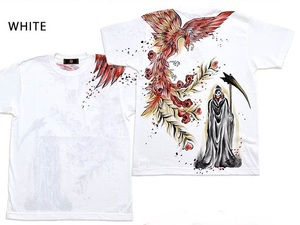 手描き半袖Tシャツ「朱雀と死神」◆禅 ホワイトLサイズ KTH0072 和柄 和風 手書き 鳳凰 髑髏 ドクロ