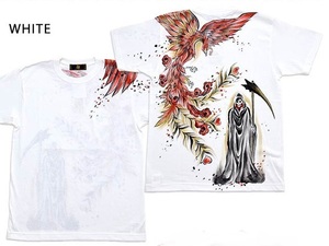 Art hand Auction 手描き半袖Tシャツ｢朱雀と死神｣◆禅 ホワイトLLサイズ KTH0072 和柄 和風 手書き 鳳凰 髑髏 ドクロ, XLサイズ以上, 丸首, 柄もの