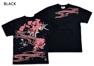 金魚刺繍半袖Tシャツ◆絡繰魂 ブラックMサイズ 202086 和柄 和風 きんとと 流水 桜 さくら サクラ