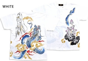 Art hand Auction Hand-painted short-sleeved T-shirt Blue Dragon God and Lotus Kannon ◆Zen White 3L size KTH0069 Japanese pattern Japanese style Dragon Kyoto Handwritten Craftsman Shinto Buddha, XL size and above, round neck, patterned