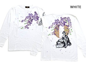 がしゃ×禅 花魁髑髏手描きロングTシャツ◆禅 ホワイトMサイズ KTLH0024 和柄 和風 手書き ドクロ 桜 長袖Tシャツ ロンT