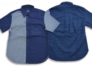 切替レギュラーシャツ「麻の葉」◆衣櫻 ネイビーMサイズ SA-1466 和柄 和風 日本製 国産 総柄