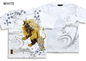 獅子咆哮刺繍半袖Tシャツ◆絡繰魂 ホワイトXXLサイズ 222018 和柄 和風 刺繍 粋 豪華 ライオン からくり