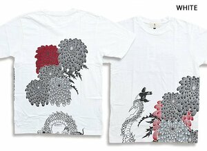 牡丹に龍なスラブ半袖Tシャツ◆喜人 ホワイトLサイズ KJ-22012 和柄 和風 竜 きじん