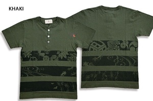 和のパネルボーダーヘンリー半袖Tシャツ◆喜人 カーキXXLサイズ KJ-22002 和柄 和風 家紋 きじん