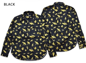 長袖レギュラーシャツ「金折り鶴」◆衣櫻 ブラックXXLサイズ SA-1373 和柄 和風 日本製 国産 ツル 総柄 ロングスリーブ