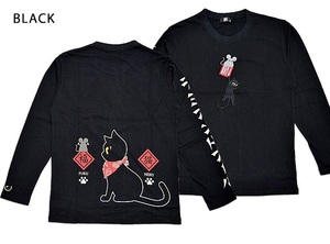 オシャレラミ長袖Tシャツ◆LIN ブラックXXLサイズ AL-75024 和柄 和風 黒猫 ネコ ねこ 鼠 ネズミ ロングTシャツ ロンT