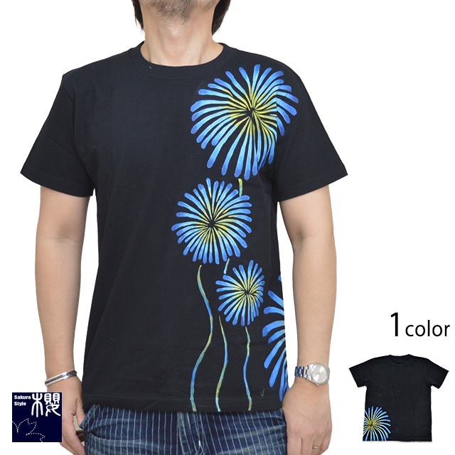 Hand-drawn fireworks pattern short sleeve T-shirt ◆Sakura style black M size Japanese pattern Japanese style handwritten summer tradition, M size, round neck, patterned