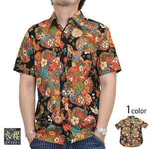 ゴールドラメ半袖レギュラーシャツ「大輪花」◆衣櫻 ブラックXXLサイズ SA-1396 和柄 和風 日本製 国産