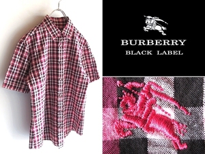 希少 BURBERRY BLACK LABEL バーバリーブラックレーベル ホースロゴ刺繍 シワ加工 シアサッカー ノバチェックシャツ 2 ピンク ネコポス対応