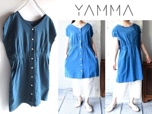 YAMMAyama industry tradition cloth Aizu tree cotton . button blur thread cotton French sleeve rubber gya The - One-piece tunic FREE blue made in Japan 