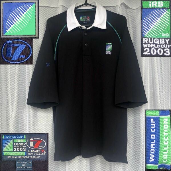 希少★LINE7/七分袖ラガーシャツ XS黒★iRB RUGBY WORLD CUP 2003 AUSTRALIA ラグビーワールドカップ OFFICIAL LICENCED PRODUCT ジャージ