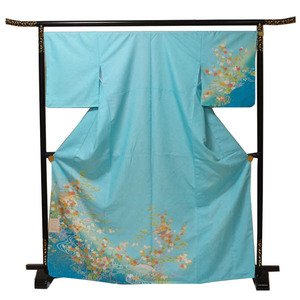 【日本製】仕立上り 袷付下げ 色々な小花模様（桜の地模様）水色（144）洗える ポリエステル