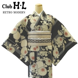 【レトロモダンきもの】【着物単品】H.L 袷着物【No.84 黒 菊 花】