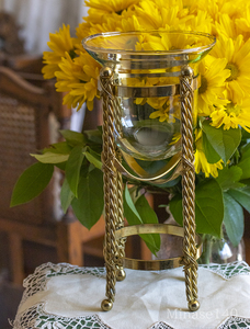 ガラス 花瓶 ゴールド ホルダー付 クロス キャンドルホルダー 花器 キャンドルホルダー 池坊 テラリウム 器 アンティーク ビンテージ