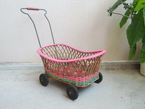  retro Vintage miscellaneous goods child playing for .. car * rattan braided basket * girl . dog * doll soft toy display 