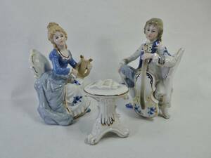 加藤工芸 フィギュリン 3点 楽器を弾く紳士淑女 /検 陶器製 西洋人形 貴族 女性 創作人形 ビンテージ 置物