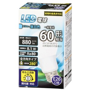 LED電球 E26 60形相当 全方向 調光器対応 昼白色_LDA8N-G/D G11 06-1874 オーム電機