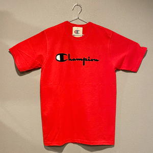 【並行輸入品】Champion ショートスリーブTシャツ サイズM HERITAGE TEE FLOCK LOGO ヘリテージ ベロアロゴ スカーレット TEAM RED SCARLET
