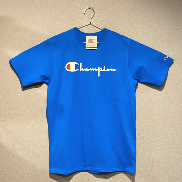 【並行輸入品】Champion ショートスリーブTシャツ サイズL HERITAGE TEE FLOCK LOGO ヘリテージ ベロアロゴ ブルー SURF THE WEB 青 半袖