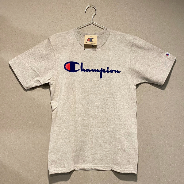 【並行輸入品】Champion ショートスリーブTシャツ サイズM HERITAGE TEE FLOCK LOGO ヘリテージ ベロアロゴ グレー OXFORD GRAY 灰色 半袖