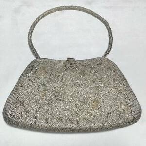 女性用 ハンドバッグ ビーズ がま口 手鏡付き 約22.5×13×3.5cm 【3197】