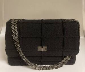 1円スタート!☆美品☆ (CHANEL) シャネル2.55 ウールチョコバー チェーンショルダーバッグ ブラック シリアル・ギャランティーカード