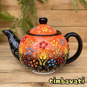 Art hand Auction 20cm☆Brand new☆Turkish pottery teapot *Orange* Handmade Kutahya pottery [Free shipping under certain conditions] 111, Western-style tableware, Tea utensils, pot
