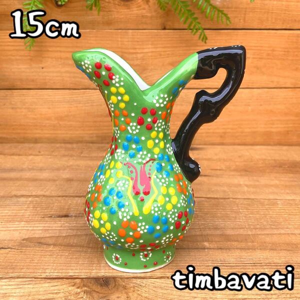 15cm☆新品☆トルコ陶器 花瓶 フラワーベース 取手付き*ライトグリーン* ハンドメイド キュタフヤ陶器 129