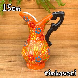 Art hand Auction 15cm☆Brand new☆Turkish pottery vase with handle*Orange*Handmade Kutahya pottery【Free shipping under certain conditions】131, furniture, interior, Interior accessories, vase