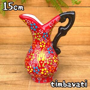 Art hand Auction 15cm☆Brand new☆Turkish pottery vase with handle*Red* Handmade Kutahya pottery [Free shipping under certain conditions] 133, furniture, interior, Interior accessories, vase