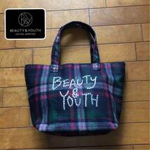 ★【 BEAUTY&YOUTH 】★ ラインストーンロゴ ウールチェック トートバッグ★_画像1