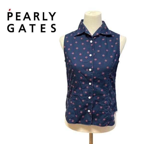 PEARLY GATES パーリーゲイツ トップス シャツ ノースリーブ 紺 花柄 赤