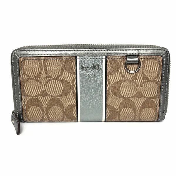 【美品】COACH コーチ ラウンドファスナー長財布 シグネチャー シルバー