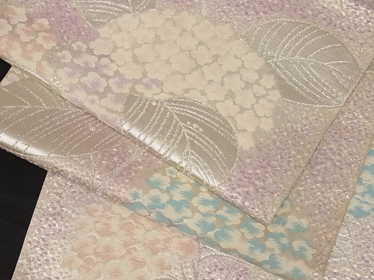 未使用 スリーシーズン帯 正絹 マンボウ 紫陽花 紬 六通柄 袋帯