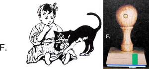 【新品!!】 フェリシモ ハンガリー の古い雑誌の 挿絵 スタンプ F 女の子と猫 天然木 はんこ ハンコ インテリア 置き物 FELISSIMO