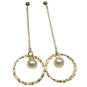 [ new goods ]10 gold /k10/yg/ fresh water pearl / chain Circle / long earrings / yellow gold 