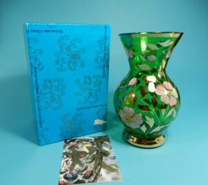 ボヘミアガラス　花瓶　緑地にコスモス　金彩　チェコスロヴァキア製　箱付き　インテリア　花入れ　花器　W-380