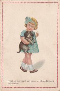 アンティークポストカード　絵葉書　犬を抱いた可愛い少女